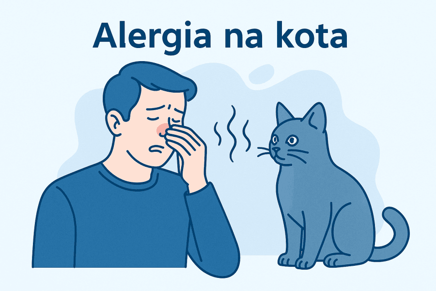 Alternatywny tekst (alt) do obrazka: `Ilustracja w odcieniach niebieskiego przedstawiająca mężczyznę z objawami alergii na kota – trzyma się za nos, obok siedzi kot patrzący na niego, nad kotem unoszą się symboliczne fale zapachu.`