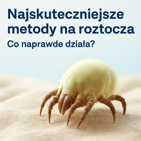 Najskuteczniejsze metody na roztocza – grafika edukacyjna z dużym roztoczem w zbliżeniu